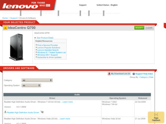 Q700 driver download page on the Lenovo site