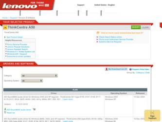 ThinkCentre A50 driver download page on the Lenovo site
