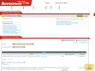 ThinkCentre A50p driver download page on the Lenovo site