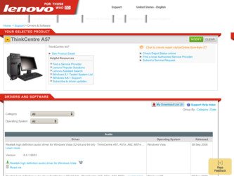 ThinkCentre A57 driver download page on the Lenovo site