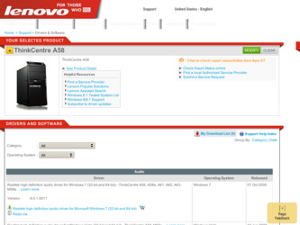 ThinkCentre A58 driver download page on the Lenovo site
