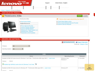 ThinkCentre A58e driver download page on the Lenovo site