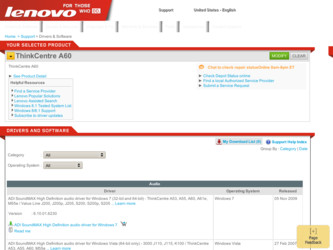 ThinkCentre A60 driver download page on the Lenovo site