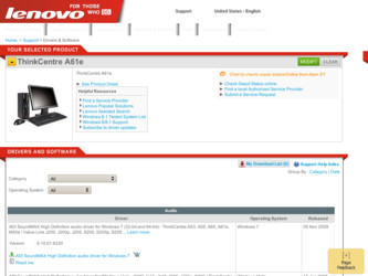ThinkCentre A61e driver download page on the Lenovo site