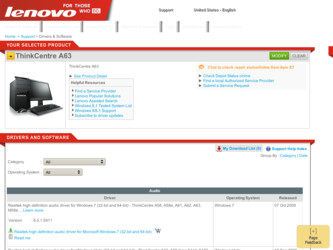 ThinkCentre A63 driver download page on the Lenovo site