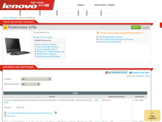 ThinkCentre A70z driver download page on the Lenovo site