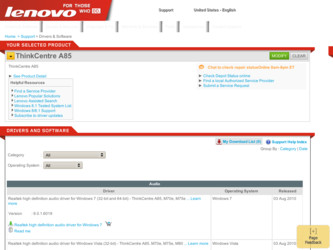 ThinkCentre A85 driver download page on the Lenovo site
