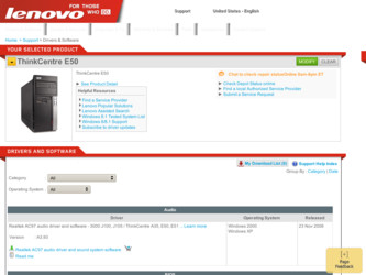 ThinkCentre E50 driver download page on the Lenovo site