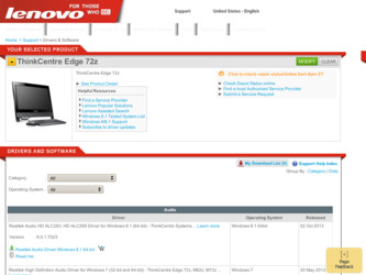 ThinkCentre Edge 72z driver download page on the Lenovo site