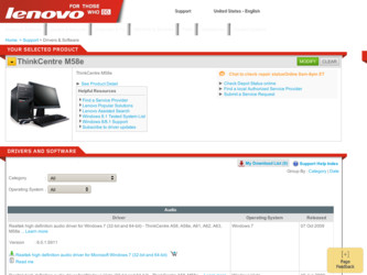 ThinkCentre M58e driver download page on the Lenovo site