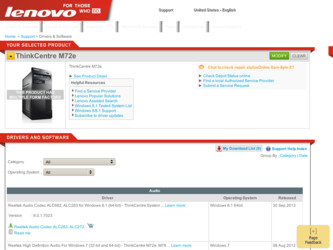 ThinkCentre M72e driver download page on the Lenovo site