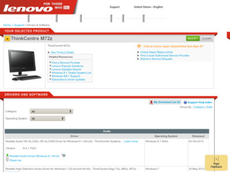 ThinkCentre M72z driver download page on the Lenovo site