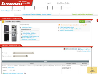 ThinkCentre M73 driver download page on the Lenovo site