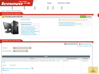 ThinkCentre M75e driver download page on the Lenovo site