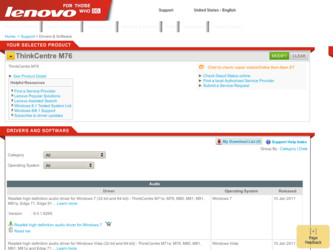 ThinkCentre M76 driver download page on the Lenovo site