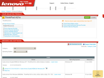 ThinkPad A21e driver download page on the Lenovo site