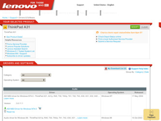 ThinkPad A31 driver download page on the Lenovo site