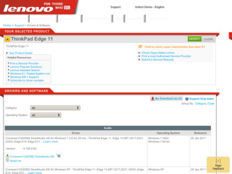 ThinkPad Edge 11 driver download page on the Lenovo site