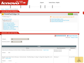 ThinkPad Edge 14 driver download page on the Lenovo site