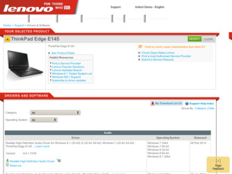 ThinkPad Edge E145 driver download page on the Lenovo site
