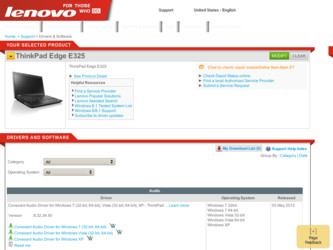 ThinkPad Edge E325 driver download page on the Lenovo site