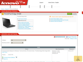ThinkPad Edge E420 driver download page on the Lenovo site