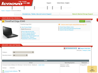 ThinkPad Edge E545 driver download page on the Lenovo site