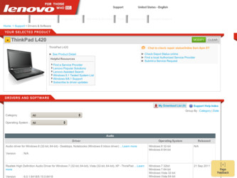 ThinkPad L420 driver download page on the Lenovo site