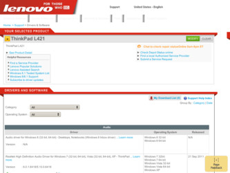 ThinkPad L421 driver download page on the Lenovo site