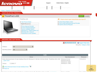 ThinkPad L430 driver download page on the Lenovo site