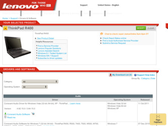ThinkPad R400 driver download page on the Lenovo site