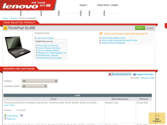 ThinkPad SL400 driver download page on the Lenovo site