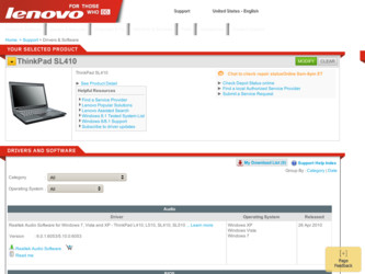 ThinkPad SL410 driver download page on the Lenovo site