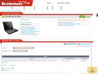 ThinkPad SL500 driver download page on the Lenovo site