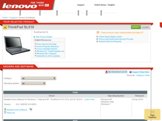 ThinkPad SL510 driver download page on the Lenovo site