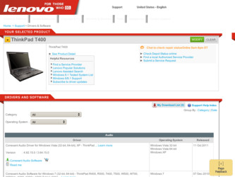 ThinkPad T400 driver download page on the Lenovo site