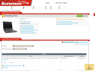 ThinkPad T41 driver download page on the Lenovo site