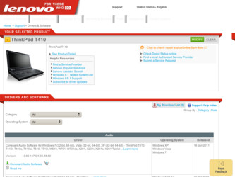 ThinkPad T410 driver download page on the Lenovo site