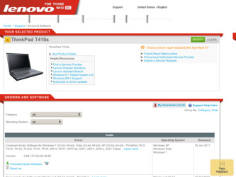 ThinkPad T410s driver download page on the Lenovo site