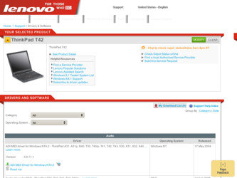ThinkPad T42 driver download page on the Lenovo site