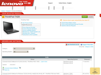 ThinkPad T420 driver download page on the Lenovo site