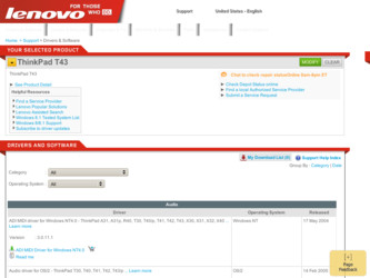 ThinkPad T43 driver download page on the Lenovo site