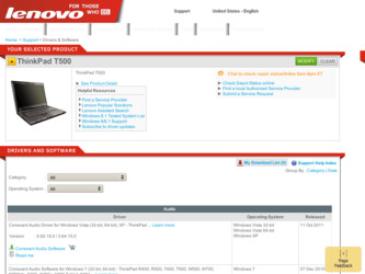 ThinkPad T500 driver download page on the Lenovo site