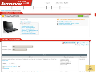ThinkPad T520 driver download page on the Lenovo site