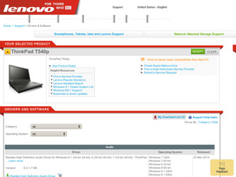 ThinkPad T540p driver download page on the Lenovo site
