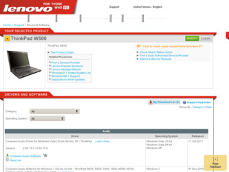 ThinkPad W500 driver download page on the Lenovo site