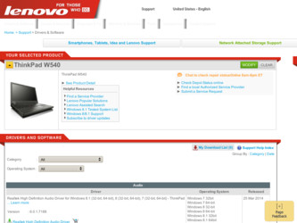 ThinkPad W540 driver download page on the Lenovo site