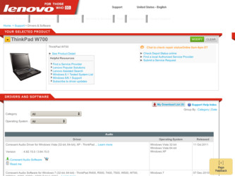 ThinkPad W700 driver download page on the Lenovo site