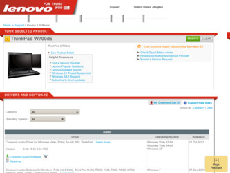 ThinkPad W700ds driver download page on the Lenovo site