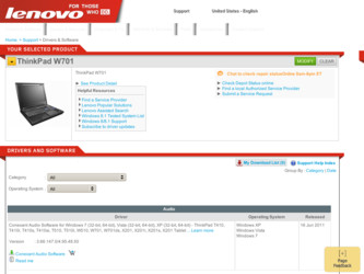ThinkPad W701 driver download page on the Lenovo site